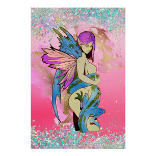 Skateboard für Fairy und Dragon On Pink D Marke Poster