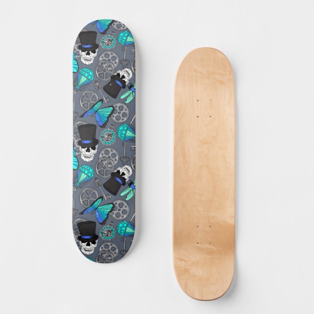 Skateboard Gears Steampunk Crânes et papillons Gris (Recto)
