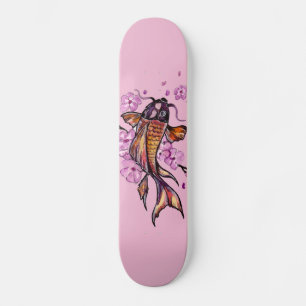 Skateboard Golden Koi Carp and Pink Blossoms