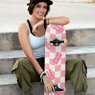 Skateboard Good Vibes Girl Pastel rose À damiers blanc