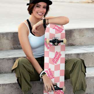 Skateboard Good Vibes Girl Pastel rose À damiers blanc