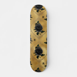 Skateboard Gothic Gold & Black Rose Flower Monogram Initial