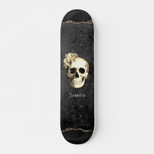 Skateboard Gothique Crâne Roses blanches Personnalisées
