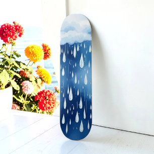 Skateboard Gouttes de pluie bleu blanc Motif jour de pluie