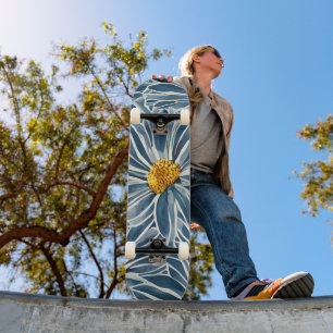 Skateboard Grandes Fleurs bleues et jaunes Motif sans couture