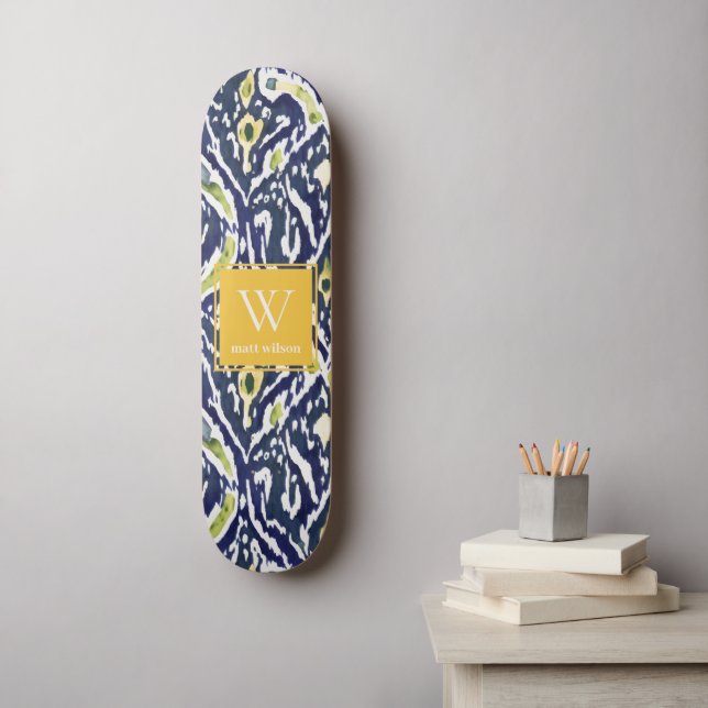 Skateboard Gras bleu jaune Abstrait Ikat Monogramme (Art mural)