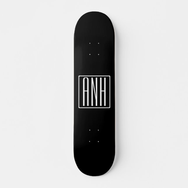 Skateboard Gras Moderne 3 Initiales Monogramme | Blanc sur no (Devant)