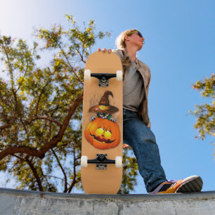 Skateboard Halloween Cute Kitty Witch et ami Citrouille