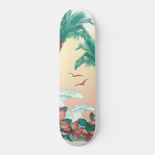 Skateboard Hawaii Sunset Waves Hibiscus Flowers Palms Birds