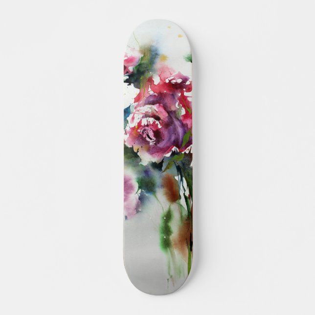Skateboard Hermosas Rosas Rojas en Arte Acuarela (Devant)