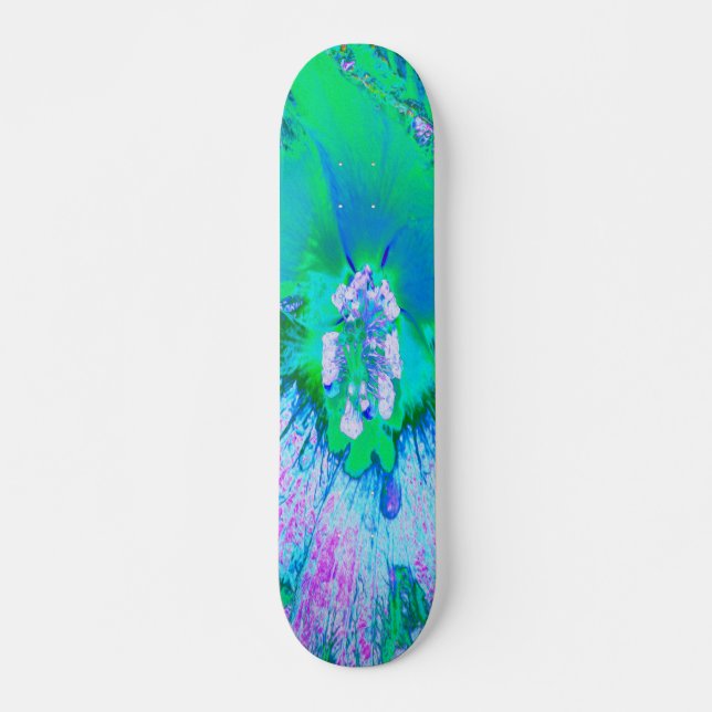Skateboard Hibiscus psychédélique rétro vert et rose chaud (Devant)