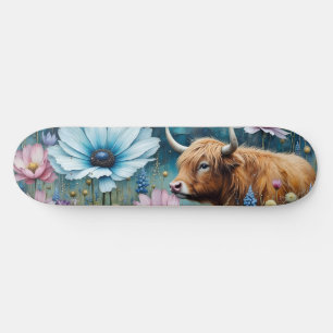 Skateboard Highland Cow Floral Coloré Cosmos Tapestry II