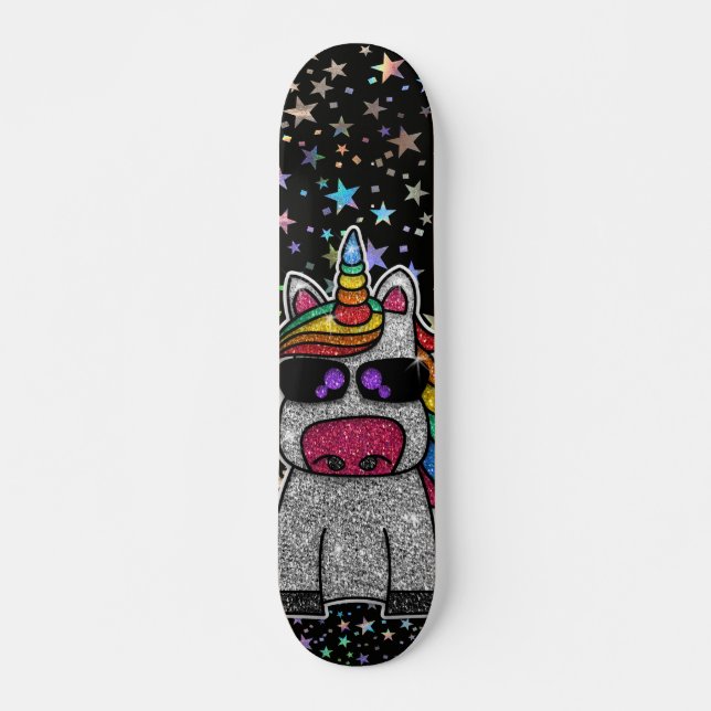 Skateboard Holographique Arc-en-ciel Unicorne Étoiles Épée Ma (Devant)