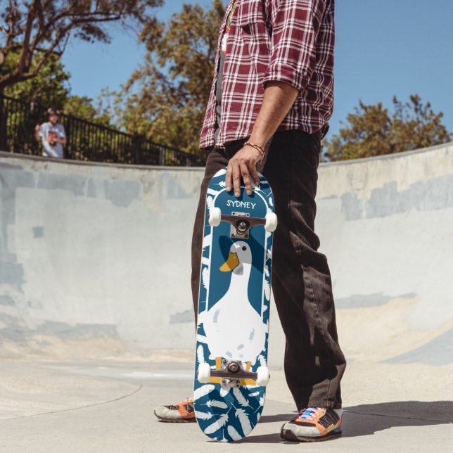 Skateboard Illustration personnalisée de canard blanc bleu ma (Extérieur 2)