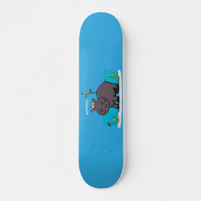 Skateboard Ippopotame drôle mignon avec dessin animé d'oiseau (Devant)