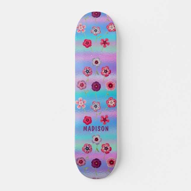Skateboard Iridescente Moderne Fille Rose Purple Fleurs Nom (Devant)