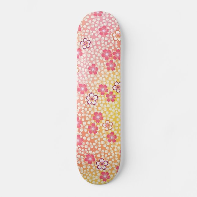 Skateboard Japonais KIMONO Textile, Motif de fleurs de cerisi (Recto)