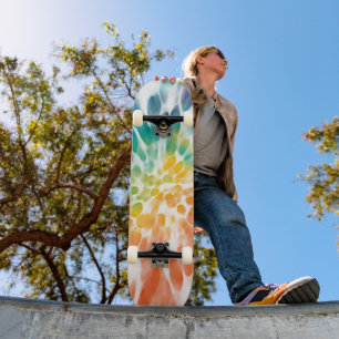 Skateboard Jaune soleil Orange Bleu Vert Blanc Tie Dye Art