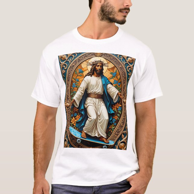 Skateboard Jesus Sacred Art Funny Religious Tshirt (Vorderseite)