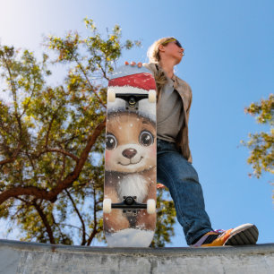 Skateboard Joli Noël d'hiver ours en peluche Santa aquarelle