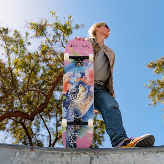 Skateboard Joli pont de tortue de mer fleurie (Extérieur 1)