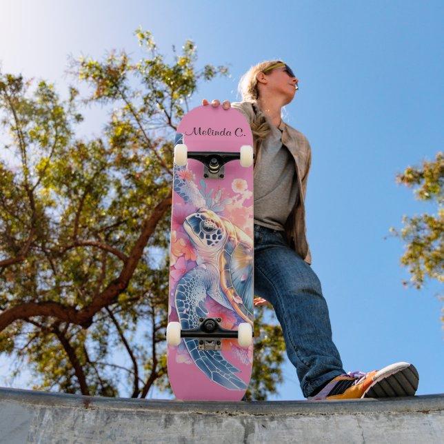 Skateboard Joli pont de tortue de mer fleurie (Extérieur 1)