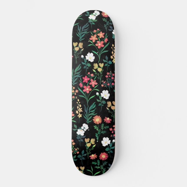 Skateboard Jolie aquarelle Floral Noir Botanique (Recto)