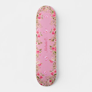 Skateboard Jolie rose clair & Roses roses & Papillons roses