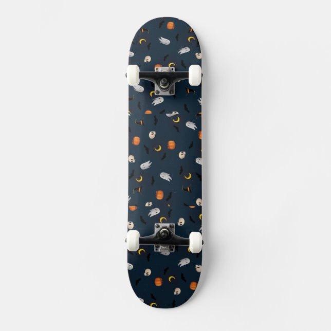 Skateboard Joyeux crâne d'Halloween, Lune, Motif de chauve-so (Recto)