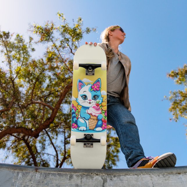 Skateboard Kitty Chat avec crème glacée Summer Kawaii Caractè (Extérieur 1)