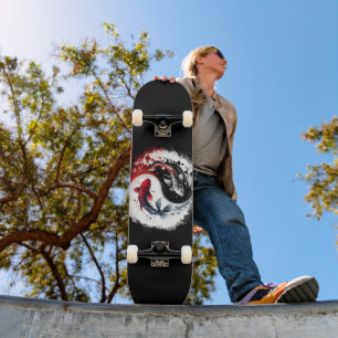 Skateboard Koi Fish Taiji Cercle Japonais Art Noir Et Blanc