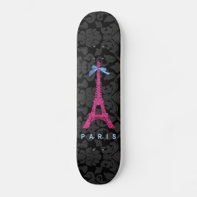 Skateboard La tour Eiffel rose-chaud en faux parties scintill (Recto)