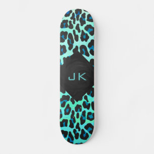 Skateboard Léopard noir et Turquoise