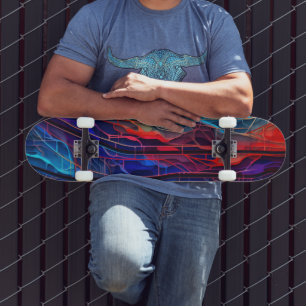 Skateboard Lignes connectées complexes en rouge et bleu