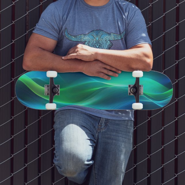 Skateboard Lignes ondulées vertes et bleues (Extérieur 3)