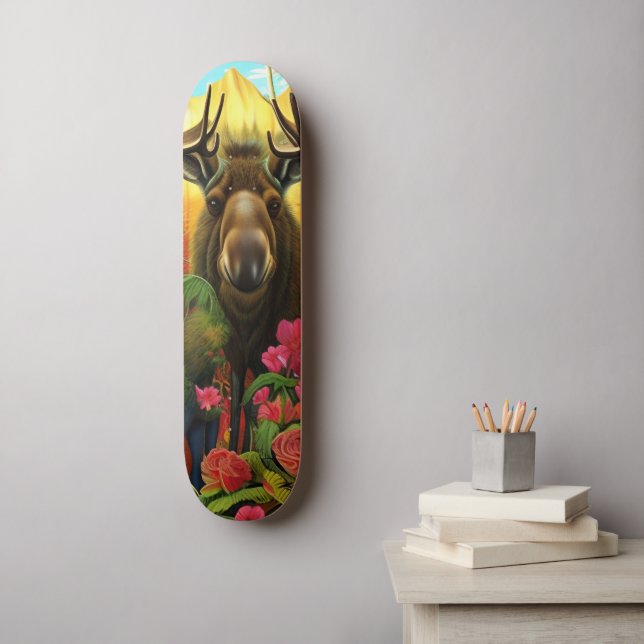 Skateboard L'orignal dans les bois avec des fleurs AI Art (Art mural)