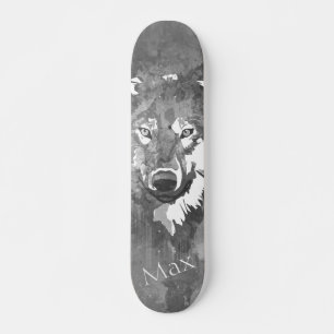 Skateboard Loup abstrait noir blanc d'aquarelle