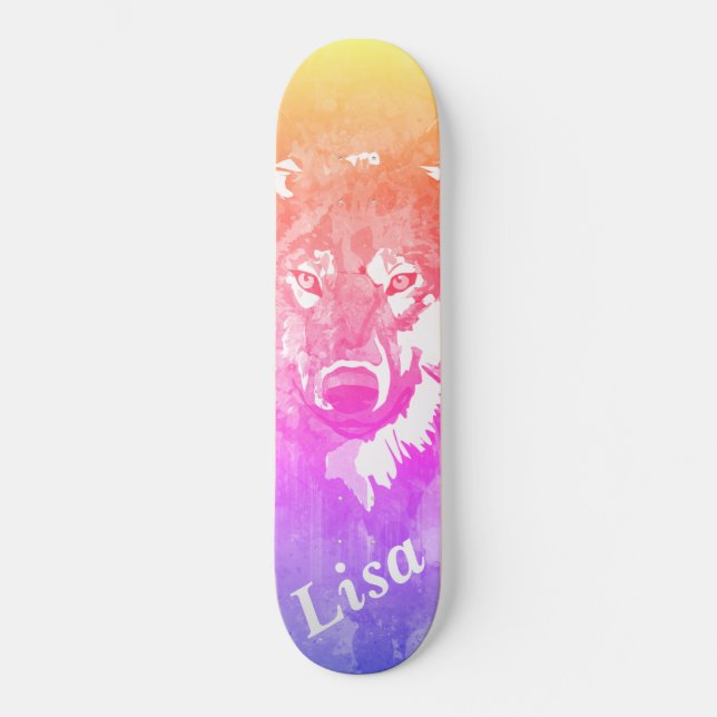 Skateboard Loup jaune violet orange abstrait d'aquarelle (Recto)