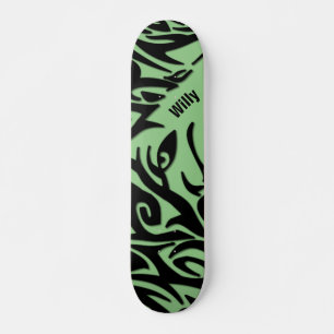 Skateboard Loup tribal Abstrait vert et noir avec nom