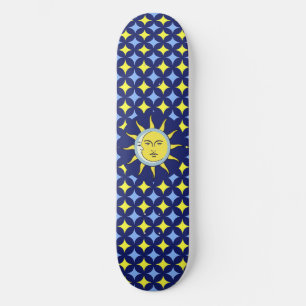 Skateboard Lune et Soleil sur motif étoile bleu et jaune