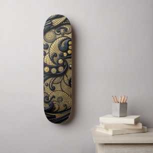 Skateboard Magnifique floral abstrait noir et or avec perles