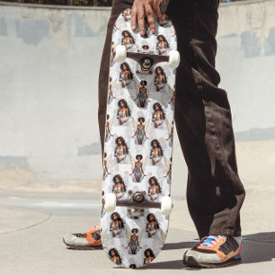 Skateboard Magnifique motif de design d'anges de fille noire 