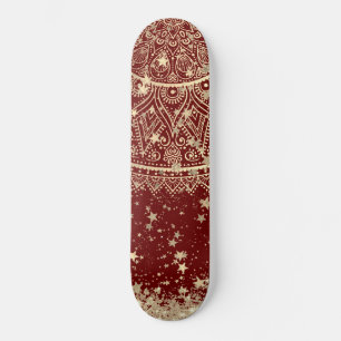 Skateboard Mandala enchanteur avec étoiles d'or sur rouge
