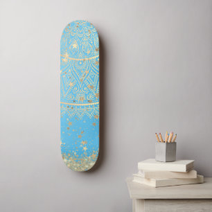 Skateboard Mandala envoûtant avec Gold Stars sur Turquoise