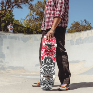Skateboard Mandala rouge, noir et blanc - Monogramme