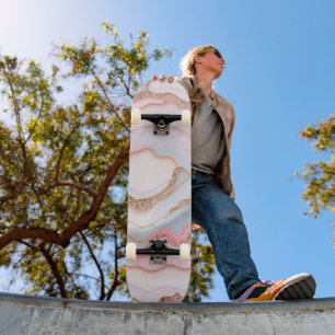 Skateboard Marbre Agate Moderne Bleu Rose Collection Or