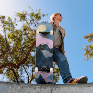 Skateboard Minimaliste Lune Étoiles Montagne Vallée Céleste
