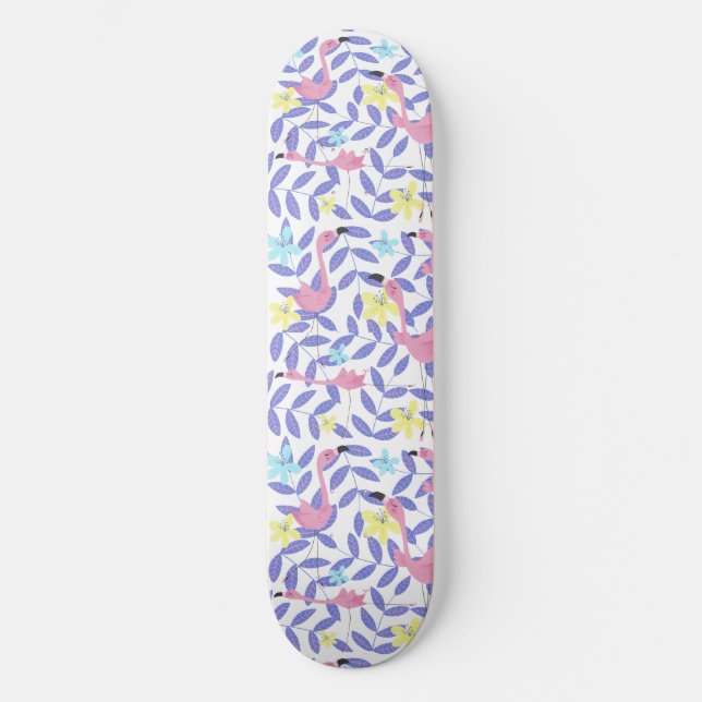 Skateboard mit rosa Flamingo-Druck und tropischen  (Vorderseite)