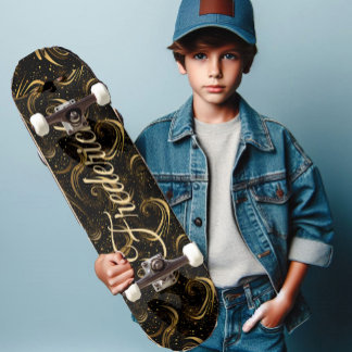 Skateboard Modern Black Gold Leafy Swirls Decorative Art Name