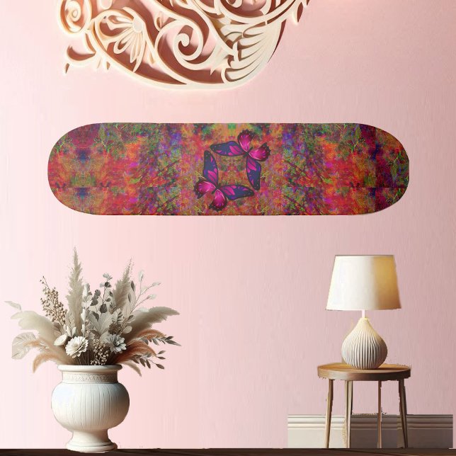 Skateboard Monde de l'Imaginaire papillon (Abstract Art Butterfly Fantasy Pink Fuchsia Decor Skateboard)